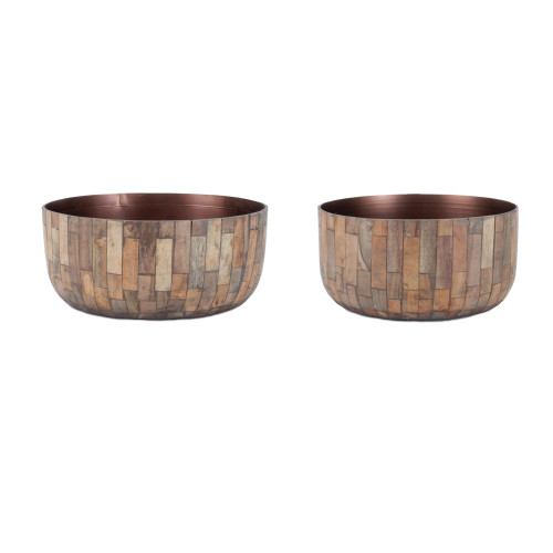 Round Wooden Bowl Planter - 10.25" - Set of 2 - IMAGE 1