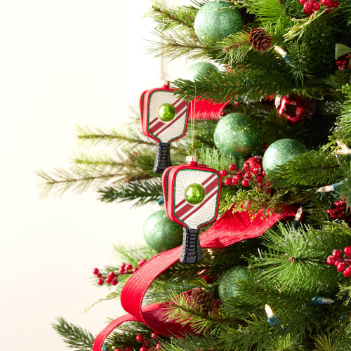 Pickleball Racket Glass Christmas Ornaments - 5" - Red and Black - 6ct - IMAGE 1