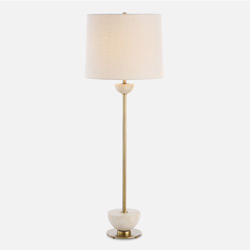 Buffet Lamp with Two Travertine Half Spheres - 36.5" - Brass Finish - IMAGE 1