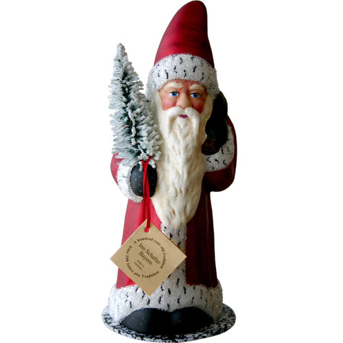 10.5" Vibrant Unique Santa Claus with Snowy Tree and Bag Schaller Paper Mache Candy Container - IMAGE 1