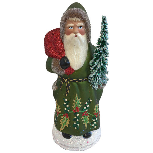 8" Vibrant Unique Santa Green Coat with Tree Schaller Paper Mache Candy Container - IMAGE 1