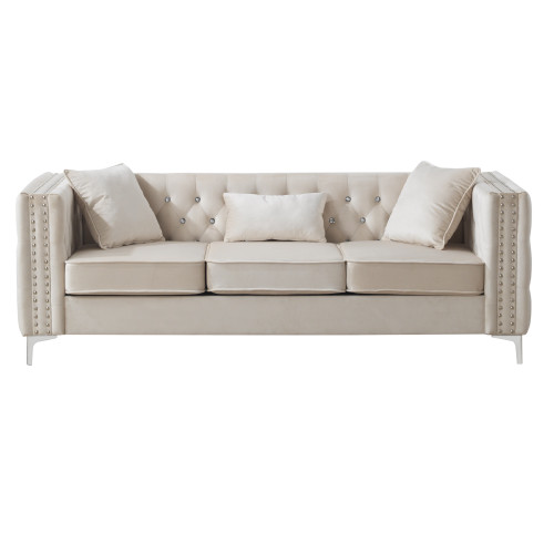 Tufted Faux Diamond Button Velvet 3-Seater Sofa with Throw Pillows - 86" - Cream - IMAGE 1