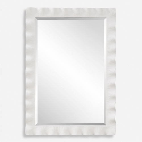 Scalloped Framed Beveled Rectangular Wall Mirror - 40" - Semi Gloss White Finish - IMAGE 1