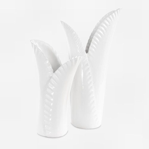 Rippled Edge Ceramic Leaf Vases - 15" - White - Set of 2 - IMAGE 1