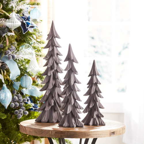 Solid Velvet Pine Christmas Tree Decorations - 23" - Gray - Set of 3 - IMAGE 1
