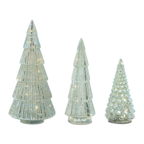 LED Lighted Ribbed Glass Tree Christmas Tabletop Decorations - 11.75" - Set of 3 - IMAGE 1