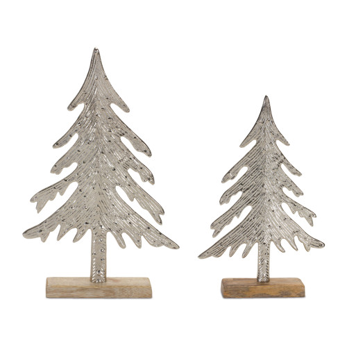 Etched Pine Tree with Base Christmas Tabletop Decorations - 14" - Set of 2 - IMAGE 1