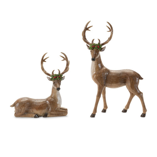 Reindeer with Holly Christmas Figurines - 13" - Set of 2 - IMAGE 1