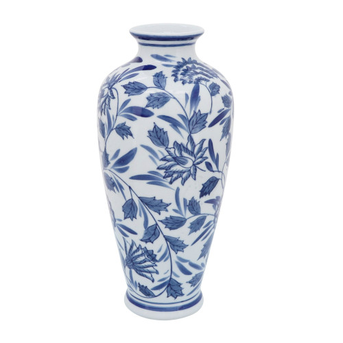 Floral Chinoiserie Ceramic Vase - 13" - White and Blue - IMAGE 1