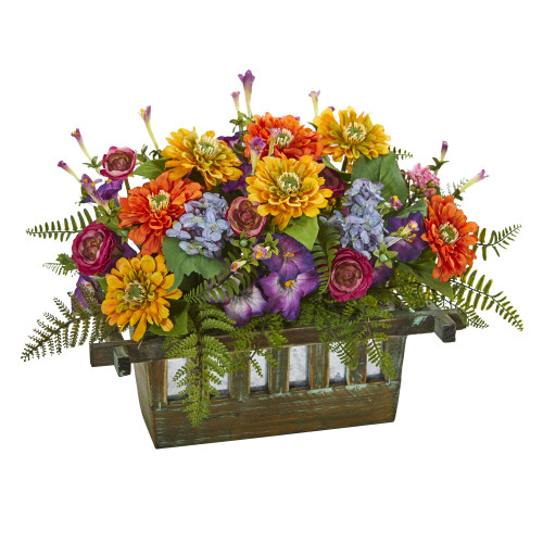 20" Artificial Mixed Floral Arrangement in Rectangular Wood Planter - IMAGE 1