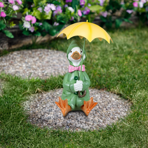 Sitting Duck in Raincoat and Umbrella Outdoor Garden Statue - 10.5" - IMAGE 1