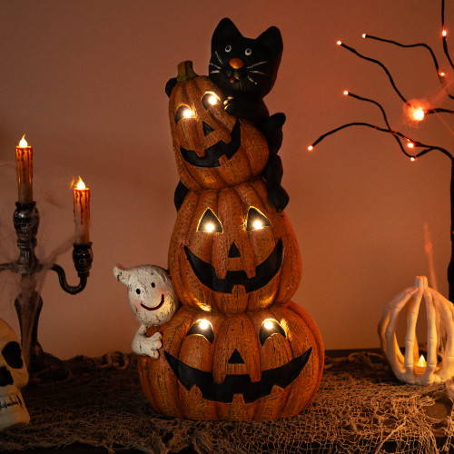 Lighted Stacked Jack-O-Lanterns with Ghost and Black Cat Halloween Decoration - 20" - LED Clear Lights - IMAGE 1