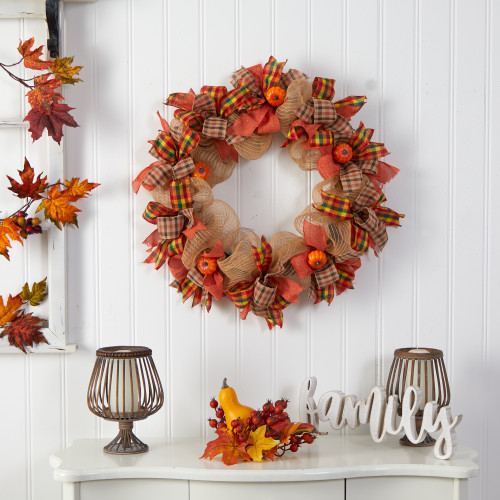 Pumpkin with Plaid Bows Artificial Fall Harvest Wreath - 30" - Unlit - IMAGE 1