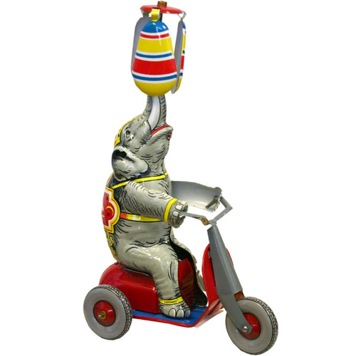 8.5" Gray and Red Elephant on Scooter Collectible Wind Up Tin Toy - IMAGE 1