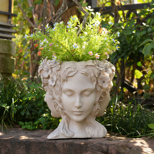 Lady Head Bust Outdoor Garden Planter Pot - 12.5" - Cream - IMAGE 1