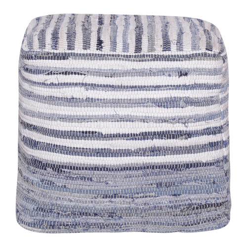 Distressed Striped Square Pouf Ottoman - 18" - Blue and White - IMAGE 1