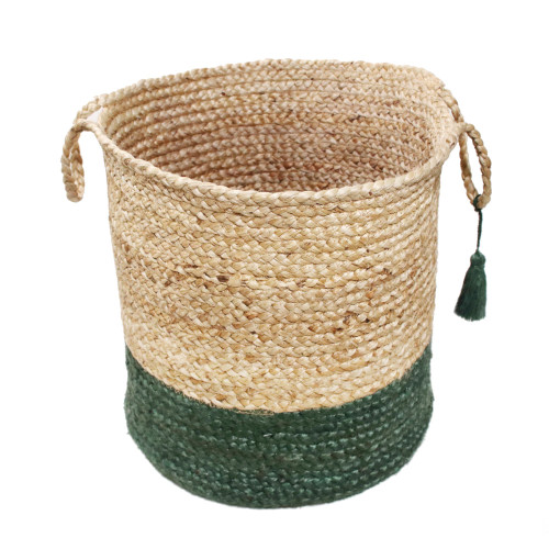19" Tan and Green Hand Woven Tasseled Storage Basket with Handles - IMAGE 1