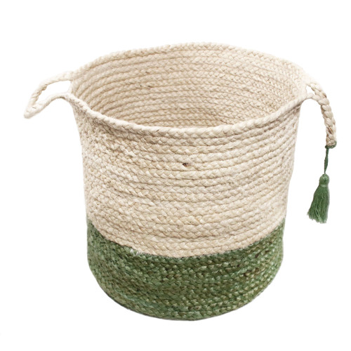 19" Ivory and Green Hand Woven Tasseled Storage Basket with Handles - IMAGE 1