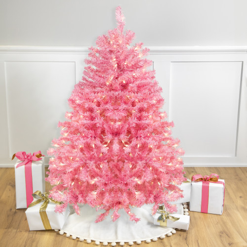 Pre-Lit Medium Pink Pine Artificial Christmas Tree - 4.5’ - Clear Lights - IMAGE 1