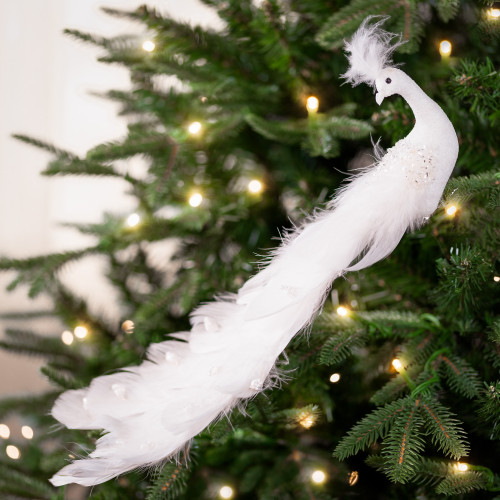 Glittered Peacock Clip-on Christmas Ornament - 14" - White - IMAGE 1