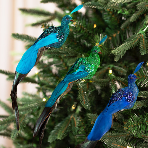 Sequin Peacock Clip-on Christmas Ornaments - 9" - Blue and Green - Set of 3 - IMAGE 1