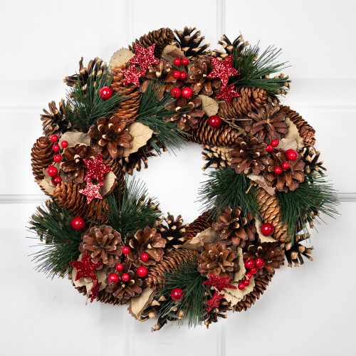 Pinecones and Glittered Stars Small Artificial Christmas Wreath - 13.5" - Unlit - IMAGE 1