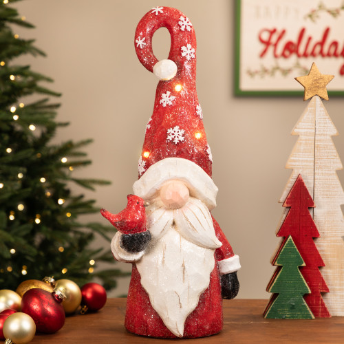 Gnome in Lighted Hat Holding Cardinal Christmas Decoration - 20" - LED Warm White Lights - IMAGE 1