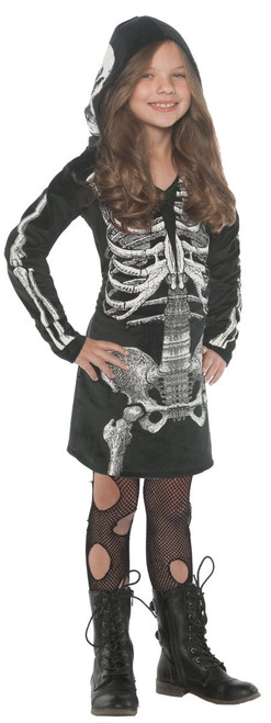 Black and White Skeleton Girl Child Halloween Costume with Hood - Medium - IMAGE 1