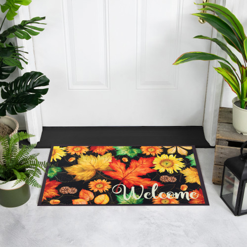 Maple Leaves and Sunflowers Welcome Fall Harvest Outdoor Doormat - 17.75" x 29.5" - IMAGE 1