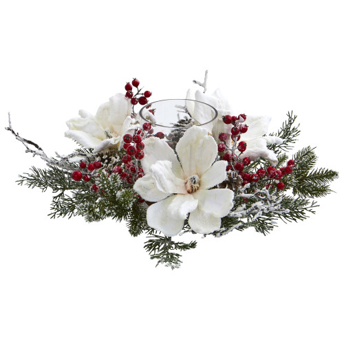 17" Frosted Magnolia and Berry Christmas Artificial Arrangement Candelabrum - IMAGE 1