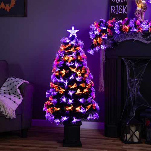 8-Function Fiber Optic Artificial Pine Potted Halloween Tree - 4' - Black - Orange and Purple LED - IMAGE 1