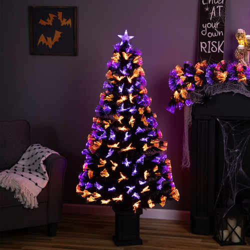 8-Function Fiber Optic Artificial Pine Potted Halloween Tree - 5' - Black - Orange and Purple LED - IMAGE 1