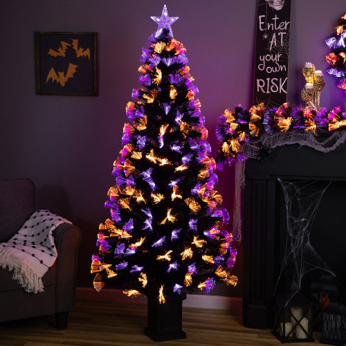 8-function Fiber Optic Artificial Pine Potted Halloween Tree - 6' - Black - Orange and Purple LED - IMAGE 1