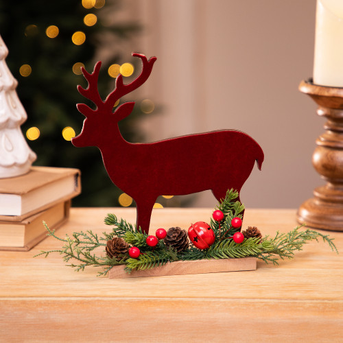 Deer and Jingle Bell Christmas Decoration - 8"- Red and Green - IMAGE 1