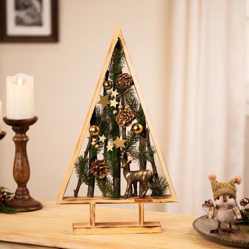 Reindeer and Pinecones Artificial Wooden Tree Christmas Decoration - 20.5" - IMAGE 1