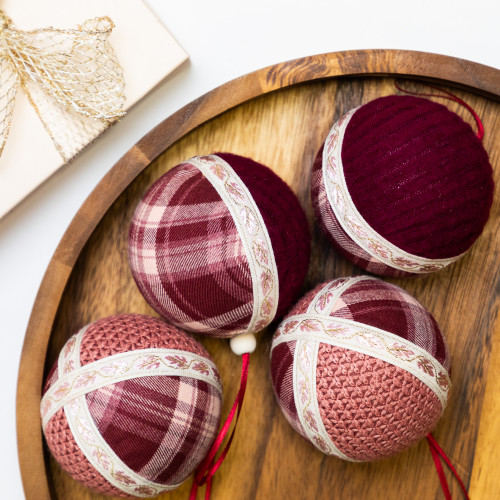 Plaid and Knitted Christmas Ball Ornaments - 3.5" - Maroon and Ivory - Set of 4 - IMAGE 1