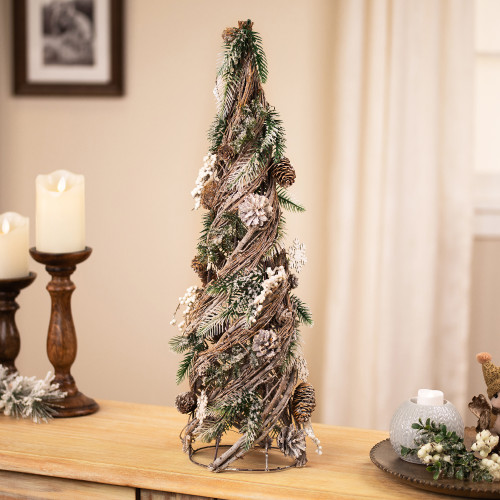 Flocked Snowflakes and Pinecones Twisted Twig Artificial Christmas Tree - 24.25" - IMAGE 1