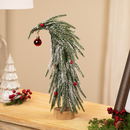 Flocked Curved Artificial Christmas Tree with Red Ornaments - 15" - IMAGE 1