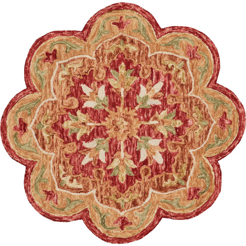 6' Red and Green Hand Tufted Medallion Floral Wool Area Throw Rug - IMAGE 1