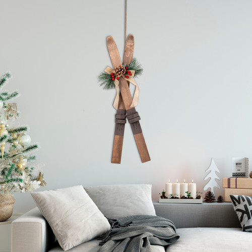 Snow Skis with Burlap Bow Wooden Christmas Decoration - 23.5" - IMAGE 1
