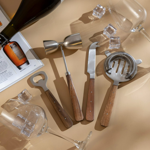 4-Piece Stainless Steel Bar Tool Set with Handle - 8.25" - Silver and Brown - IMAGE 1