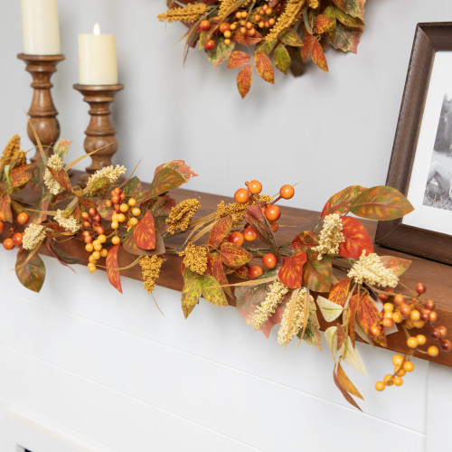 Autumn Leaves and Berries Artificial Fall Harvest Garland - 5' x 8" - IMAGE 1