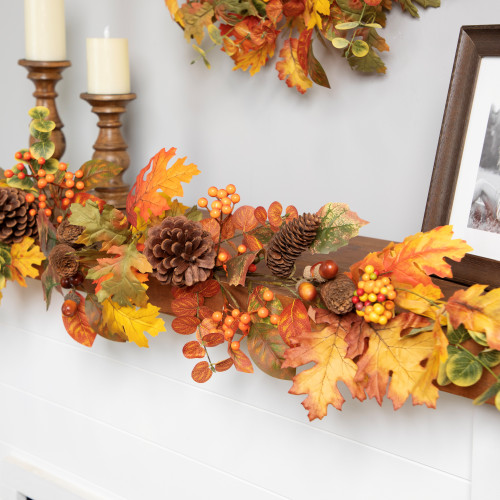 Acorns, Pinecones and Mixed Autumn Foliage Artificial Fall Harvest Garland - 5' x 8" - IMAGE 1