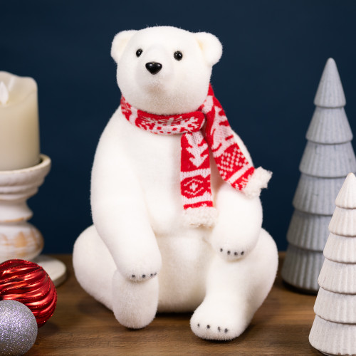 Sitting Polar Bear with Scarf Christmas Figure - 12.25" - White and Red - IMAGE 1