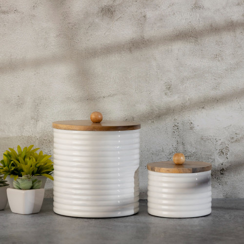 Wooden Ribbed Storage Canister - 6.5" - Set of 2 - IMAGE 1
