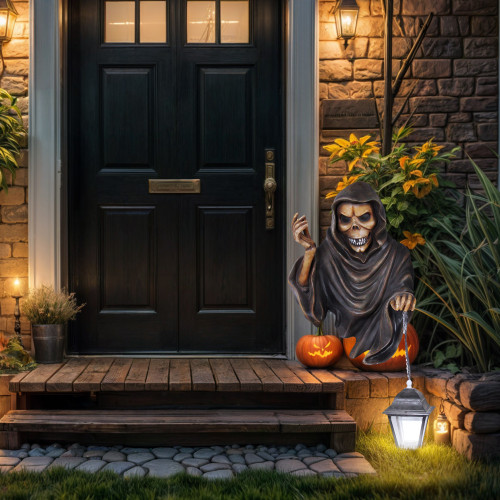 Lighted Skeleton with Lantern Outdoor Halloween Garden Statue - 25.5" - IMAGE 1