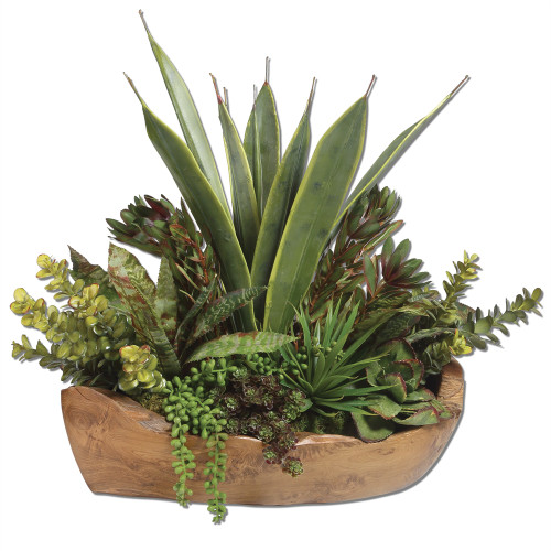 Lush Mix of Artificial Succulents in a Bowl - 22"  - Green - IMAGE 1