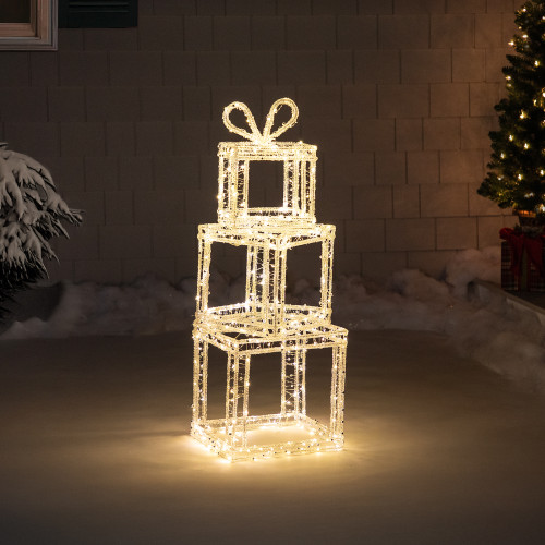 LED Lighted Icy Gift Box Tower Christmas Yard Decoration - 34" - Warm White Lights - IMAGE 1