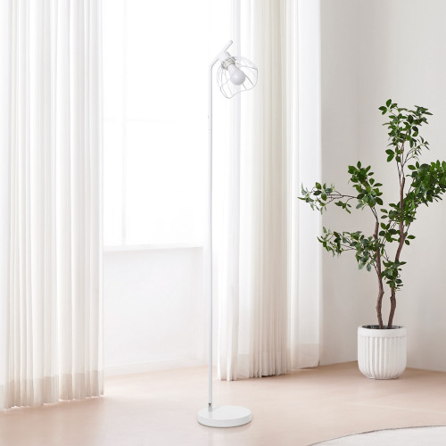 Curved Metal Floor Lamp with Wire Cage Shade - 54.5" - White - IMAGE 1