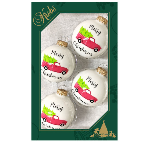 Porcelain Glass Vintage Truck Christmas Ball Ornaments 2.5" (60mm) - White and Red - 4ct - IMAGE 1